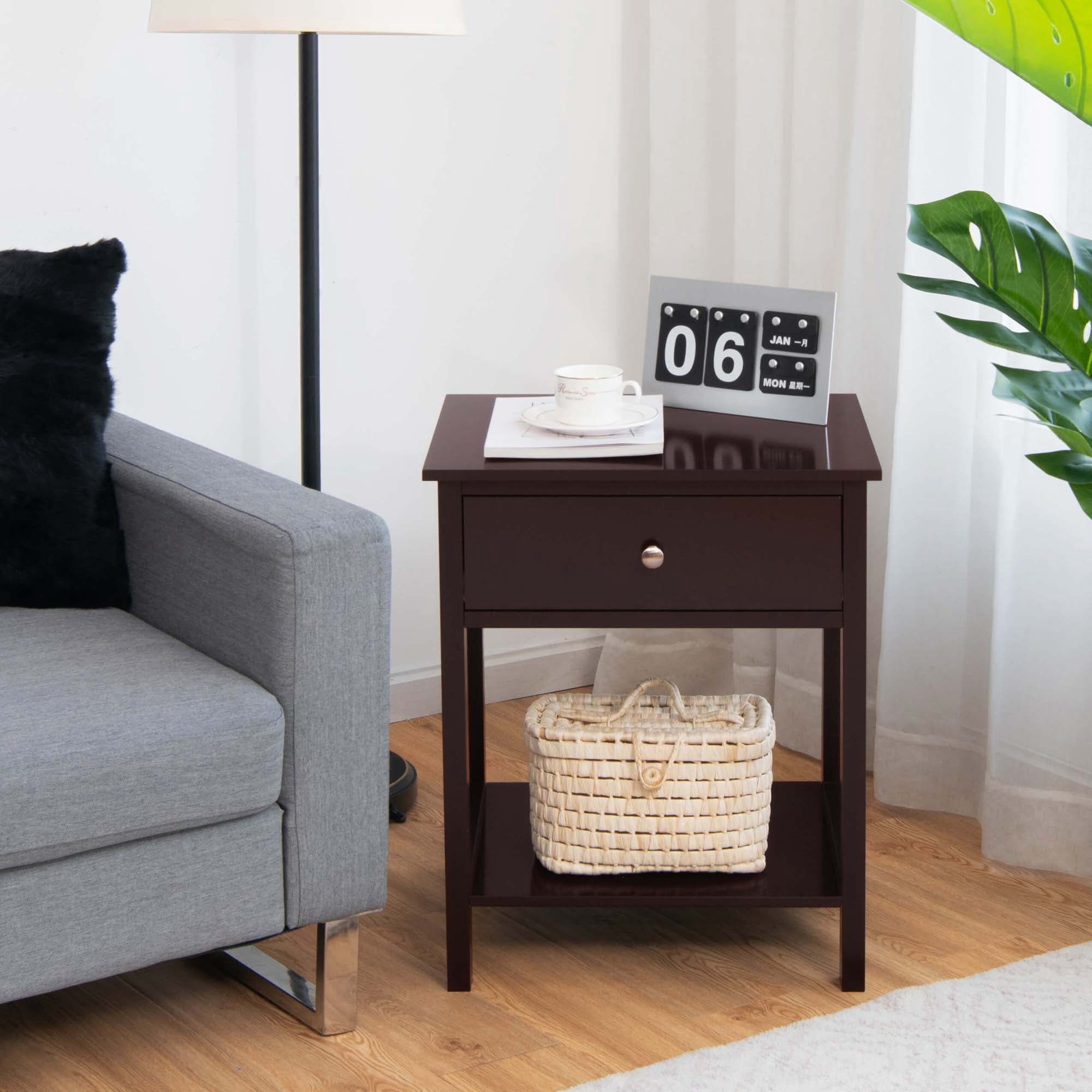 Costway Nightstand with Drawer Storage Shelf Wooden Bedside Sofa Side Table Brown