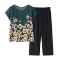 thumbnail image 1 of Mikilon Ensemble Élégant pour Femmes 2 Pcs Coton Lin Costume Deux Pièces Manches Courtes Col Rond Haut Imprimé Pantalon Vert-C 3TG, 1 of 9
