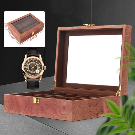 10-Slot Watch Box Glass Top Vintage Display Jewelry Storage Organizer Case Wood