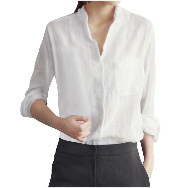Chemises Décontractées à Manches Longues pour Femmes, Blouses en Coton et Lin, Mode Douce avec Poche Poitrine