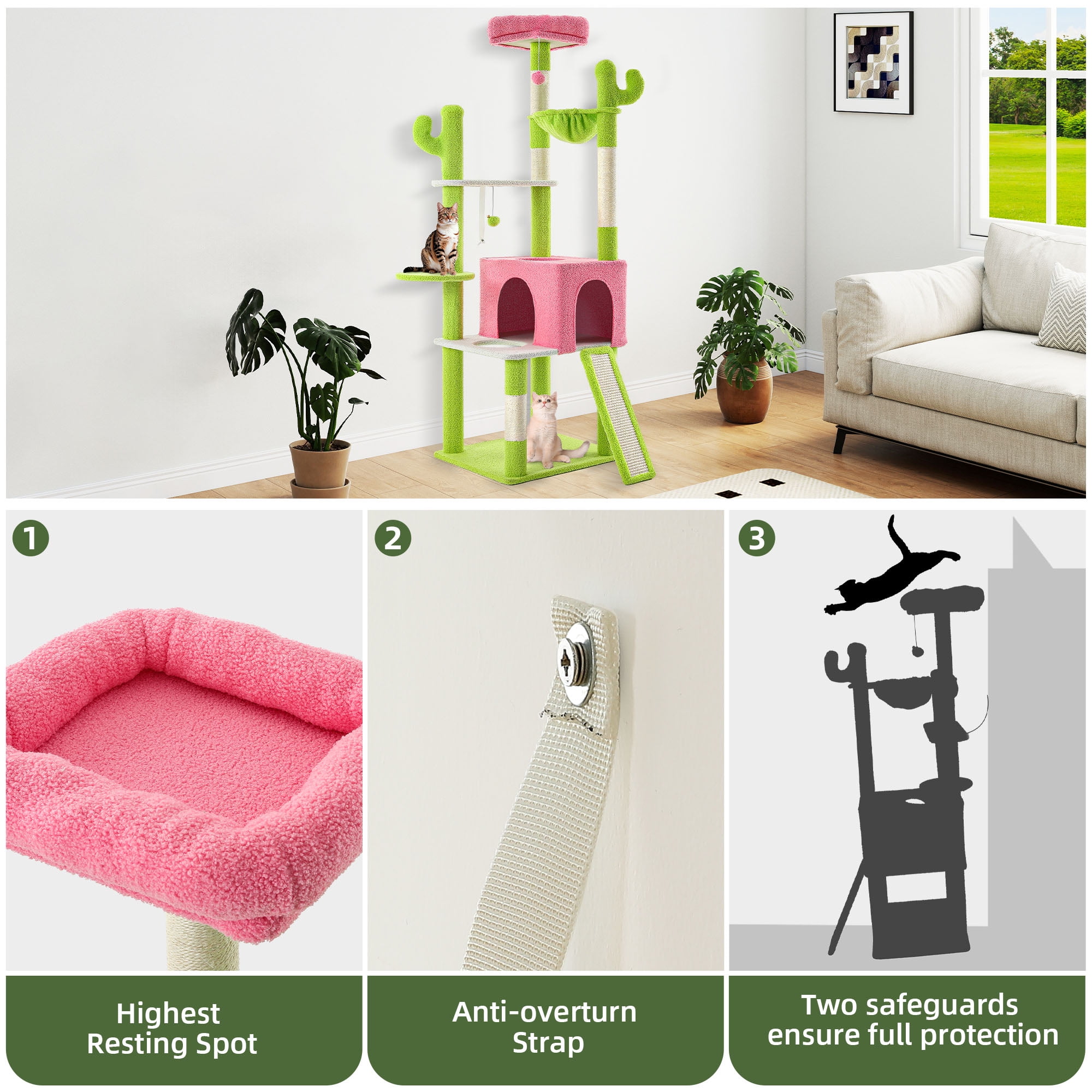 Uforic 68"  Tall Cactus Cat Tree, Multi-Level Large Indoor Cat Tower with Sisal Post, Hanging Balls, Green & Pink