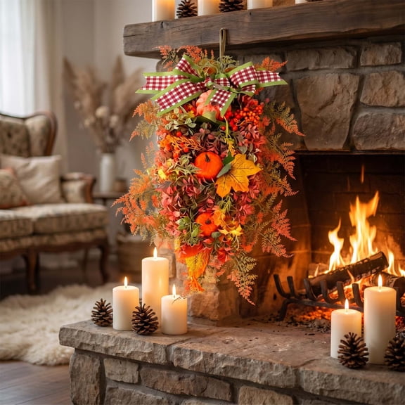 Fall Teardrop Wreath, Artificial Pumpkin Maple Leaf, Plaid Bow Front Door Decor for Thanksgiving, Autumn Harvest Wreath, Rustic Farmhouse Porch