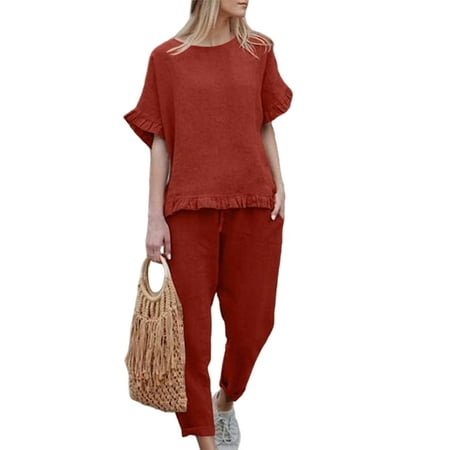 

Bomotoo Ladies 2 Piece Outfits Loungwear Elastic Waist Ruffled Pajamas Suits Sleep Casual Solid Color Lounge Sets
