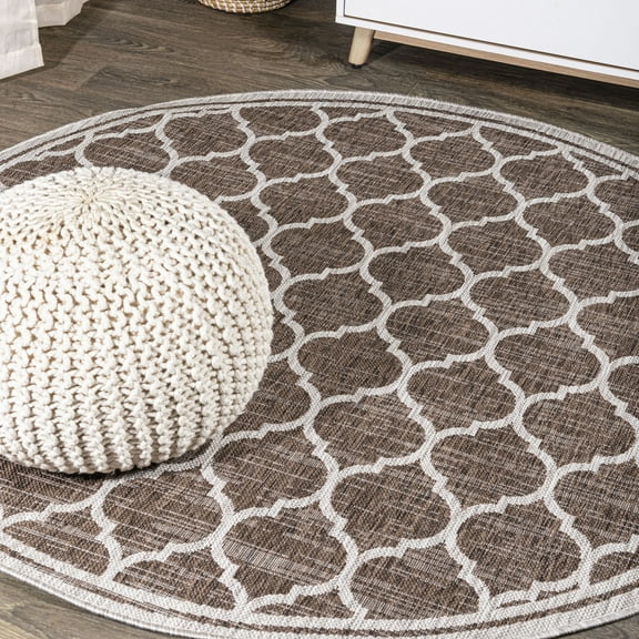 JONATHAN Y SANTA MONICA 6' Round Area Rug, Trebol Moroccan Trellis Textured Weave - Espresso/Taupe, SMB109B-6R