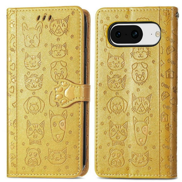 Étui à Rabat pour FOXDOCK Google Pixel 8, Étui à Rabat en Cuir PU Gaufré Chat et Chien avec Fentes pour Cartes, Support