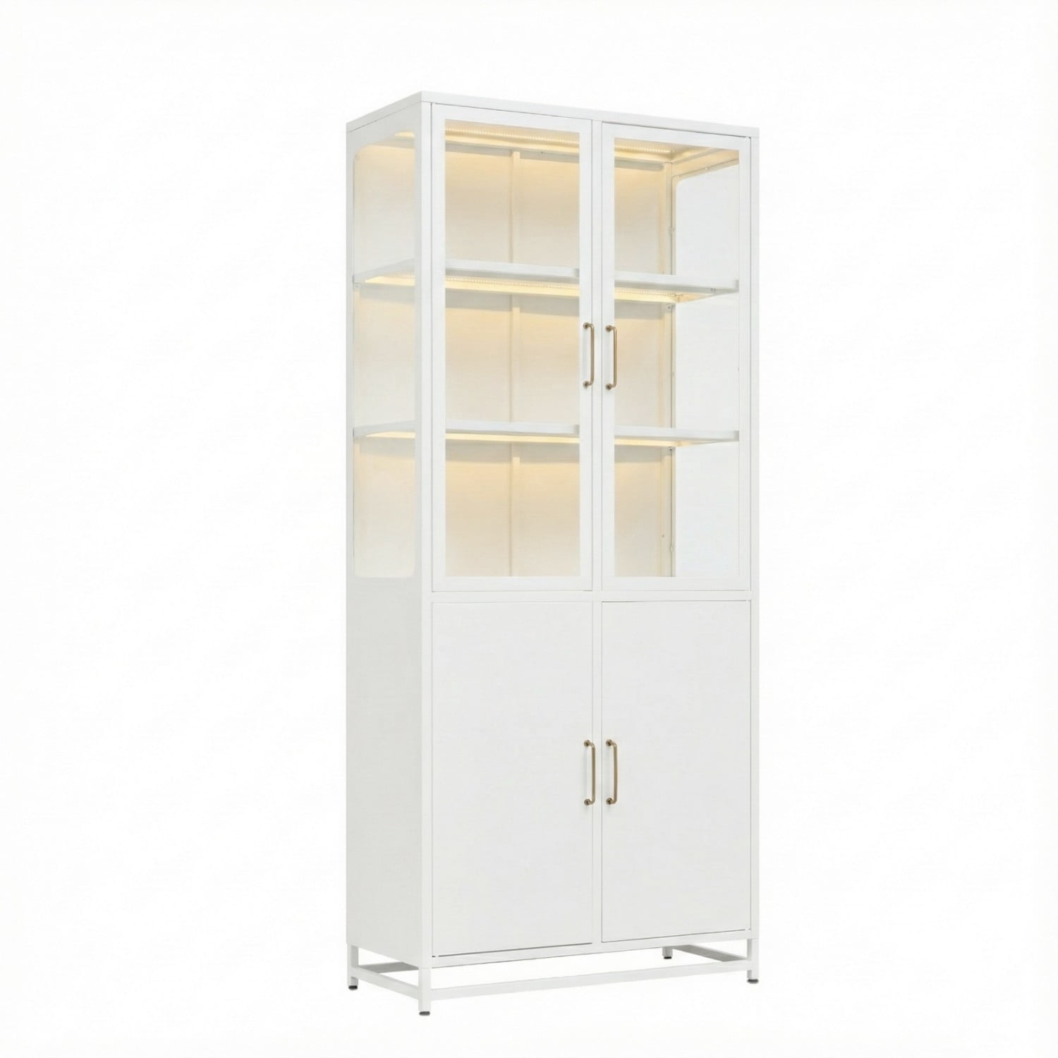 76.75" Tall Glass Display Cabinet with LED Lights, Steel Curio Cabinet with 3-Sided Glass, Double Door Storage Cabinet for Kitchen Living Room Office Pantry Home Decor, White
