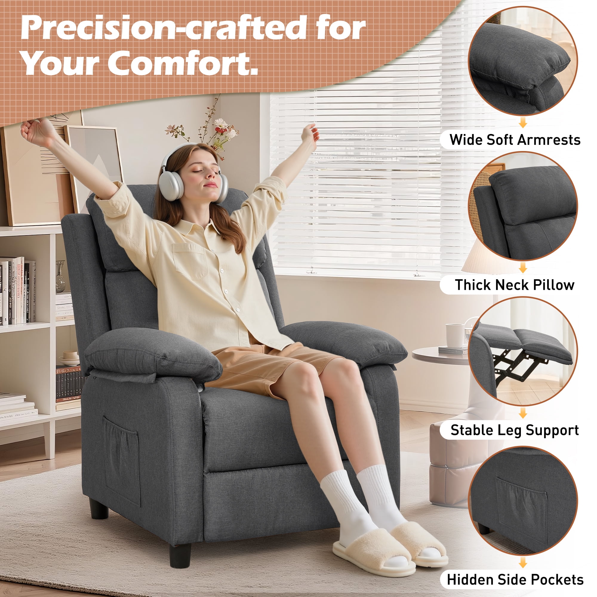 Korser Manual Push Back Recliner Chair with Side Pockets,Recliner Chairs for Adults for Living Room,Small Recliners for Small Spaces,Linen,Dark Grey