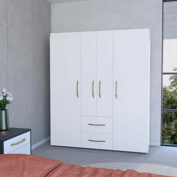 FM FURNITURE Boyden Wardrobe, All-in-One 2-Door Armoire with Central Storage