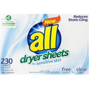 all Fabric Softener Dryer Sheets for Sensitive Skin, Free Clear, 230 Count