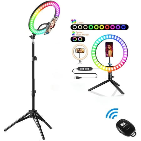 APPIE 10" RGB Selfie Ring Light with Tripod Stand and Phone Holder, Dimmable LED Desk Circle Lamp with 10 Colors & 10 Brightness, Portable Halo Lights for YouTube, Makeup, Live Stream, TIK Tok Videos