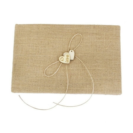 

Village Burlap Hessian Wedding Guest Book Guestbook Wooden Heart Embellished