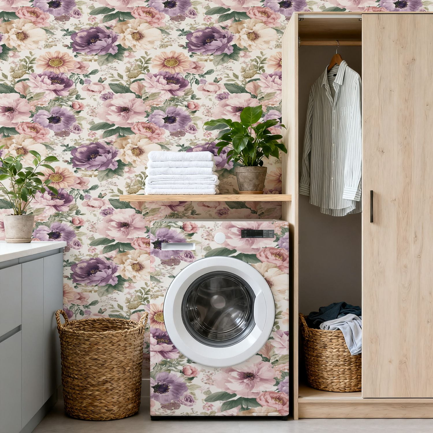 Flower Peel and Stick Wallpaper 17.7in x 9.8ft Floral Soft Pastels Blooms Lavender Peach Pink Contact Paper Vinyl Waterproof Self Adhesive Wall Paper for Bedroom Shelf Cabinet Renter Friendly