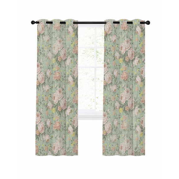 Retro Flowers Blackout Curtains for Bedroom Living Room, Watercolor Camellia Green Illustration 84 In Long Thermal Insulated Room Darkening Drapes Grommet Window Treatments, 52 x 84 In