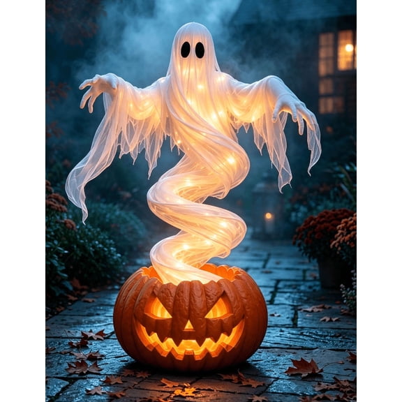 Swirling Ghost Pumpkin Yard Lamp, Lighted Spiral Ghost Inside Carved Pumpkin, Halloween Outdoor Statue, Halloween Decor for Garden Walkway