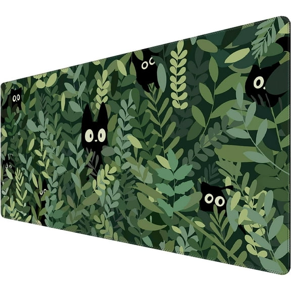 Kawaii Cat Mouse Pad Xl-31.5x15.7in-Black Cat Plant Desk Mousepad-Extended Aesthetic Keyboard Mouse Pad-for Desk Kid Girl with Stitched Edges Non-Slip Cozy Office Decor