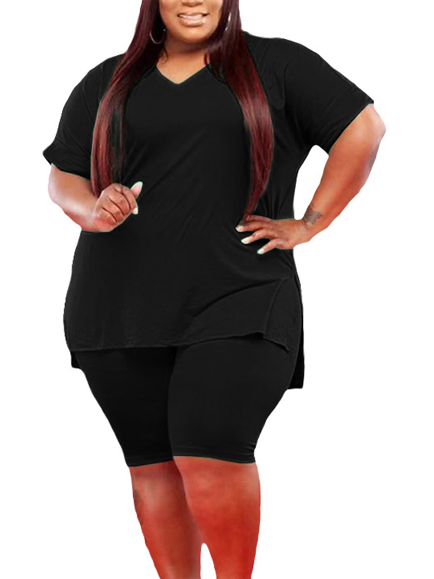 Sexy Dance Ladies Plus Size Tracksuit V Neck Jogger Set Short Sleeve