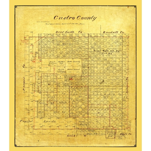 Historic County Map - Castro County Texas - Pressler 1891 - Vintage Wall Art
