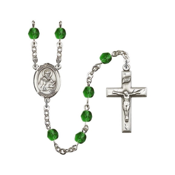 St. Isidore of Seville Silver-Plated Rosary 6mm May Green Fire Polished Beads Crucifix Size 1 3/8 x 3/4 medal charm