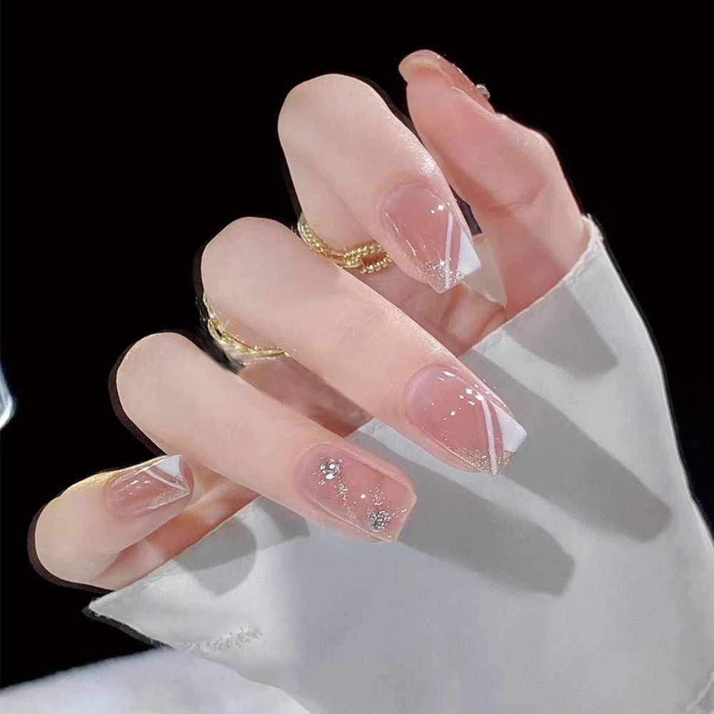 24pcs DIY Manicure Crystal Full Cover Press on Nails Fake Nails Short  French Square HY351 