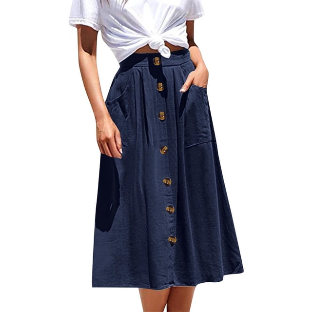 Falda midi evasé con bolsillos y botones de cintura alta para mujer - Estilo informal de color liso - Tejido de poliéster - Tallas S-XL