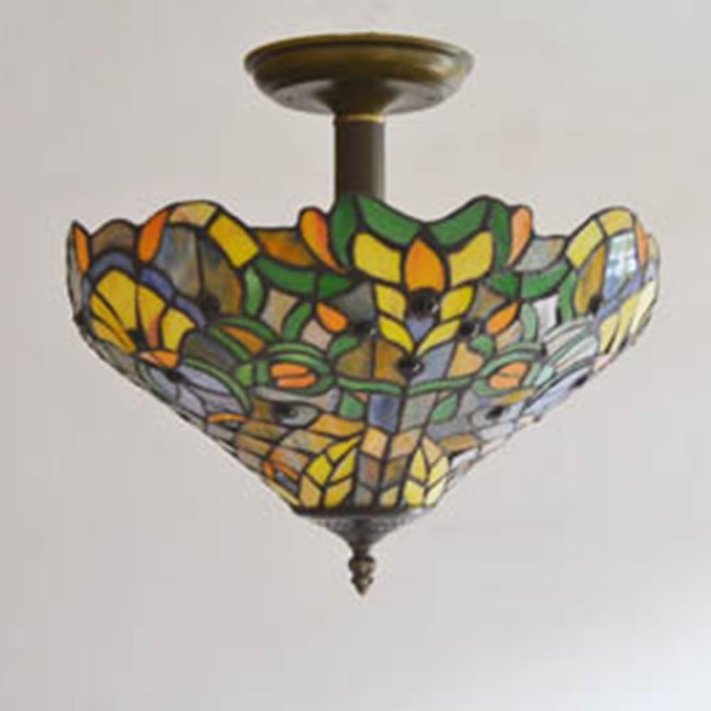 Kiven 13.8in Plug-in Flush Mount Ceiling Light Fixture, 3-Light Anti Glare Close to Ceiling Light with 15FT Cord, Tiffany-Style Glass Chandelier Dimmable for Bedroom Kitchen Hallway(No.3214)