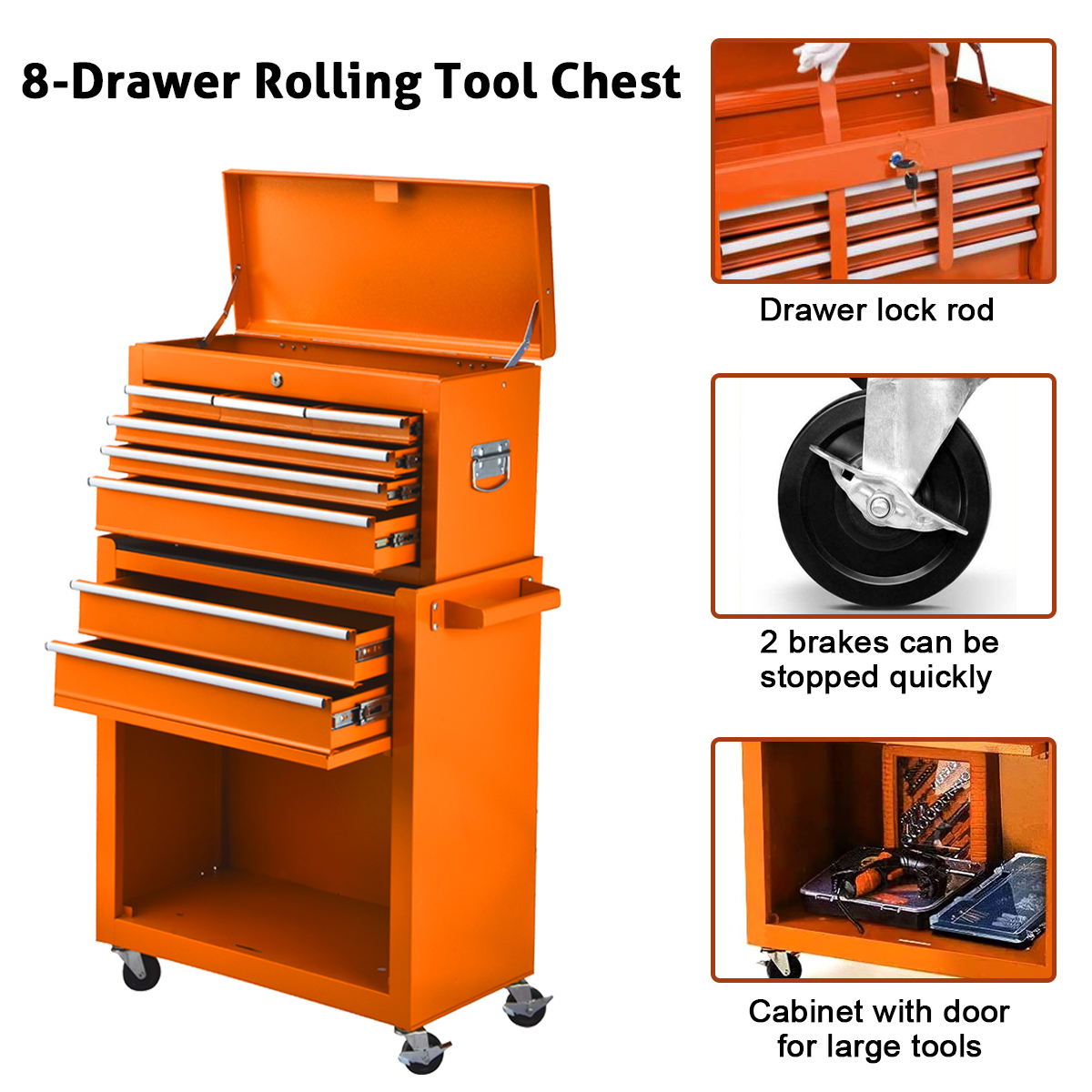 8-Drawer Tool Chest with Wheels, Tool Storage Cabinet and Tool Box, Lockable Rolling Tool Chest with Drawers, Toolbox Organizer for Garage Warehouse Workshop (Orange) - image 4 of 8
