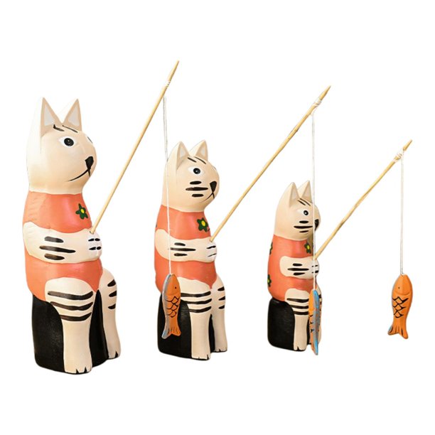3 piezas de estatuas de gato, figuras decorativas, adornos creativos de madera para mesa. Blanco Naranja