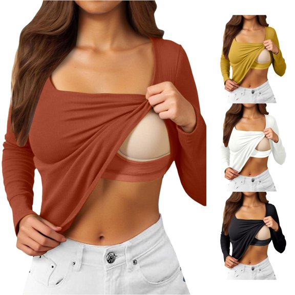 Trendfront Womens Built In Bra Crop Tops Square Neck Long Sleeve Slim Fit Athletic Workout Yoga Layering Shirts