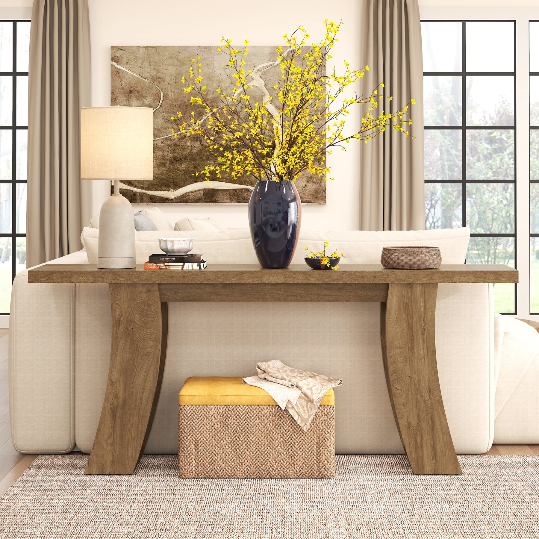 Epecoya 70.9 inch Farmhouse Wood Console Table - Light Brown Oak Entryway Sofa Table with Curved Base for Living Room or Hallway