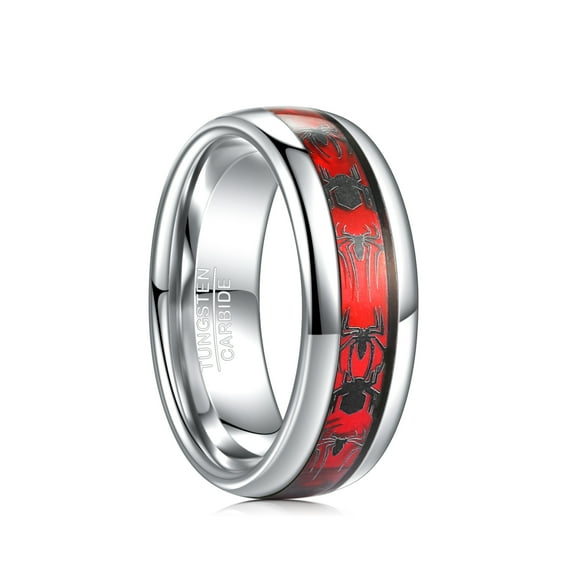 Men's 8mm Tungsten Carbide Domed Edges Comfort Fit Ring with Spider Pattern Inlay Size 7-12