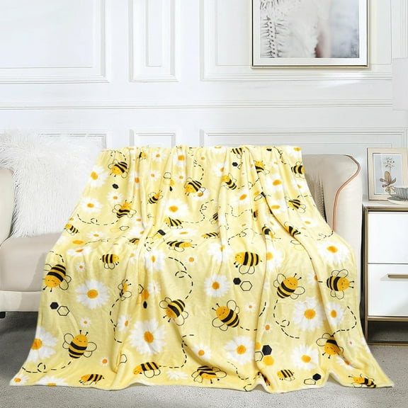 Bee Themed Flannel Throw Blanket Vintage Bee and Daisy Print Flannel Throw Blanket Knitted Digital PrintHypoallergenic with for Home Decor Sofa Travel Camping Ideal Gift for Bee Lovers