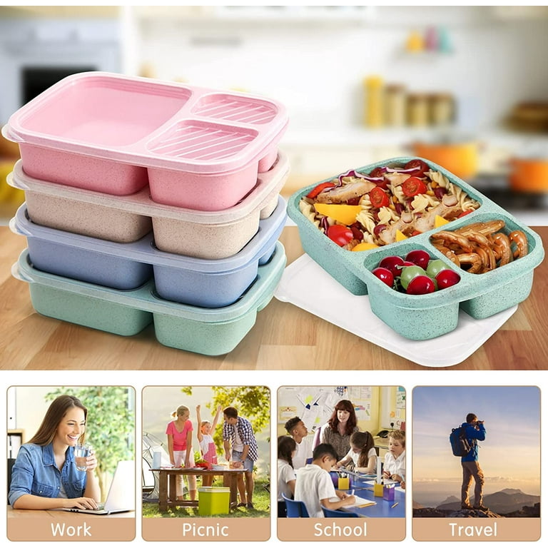 4 Pack - 4 Compartments Bento Snack Box Reusable Prep Lunch Containers for  Kids and Adults with Transparent Lids Dishwasher Safe