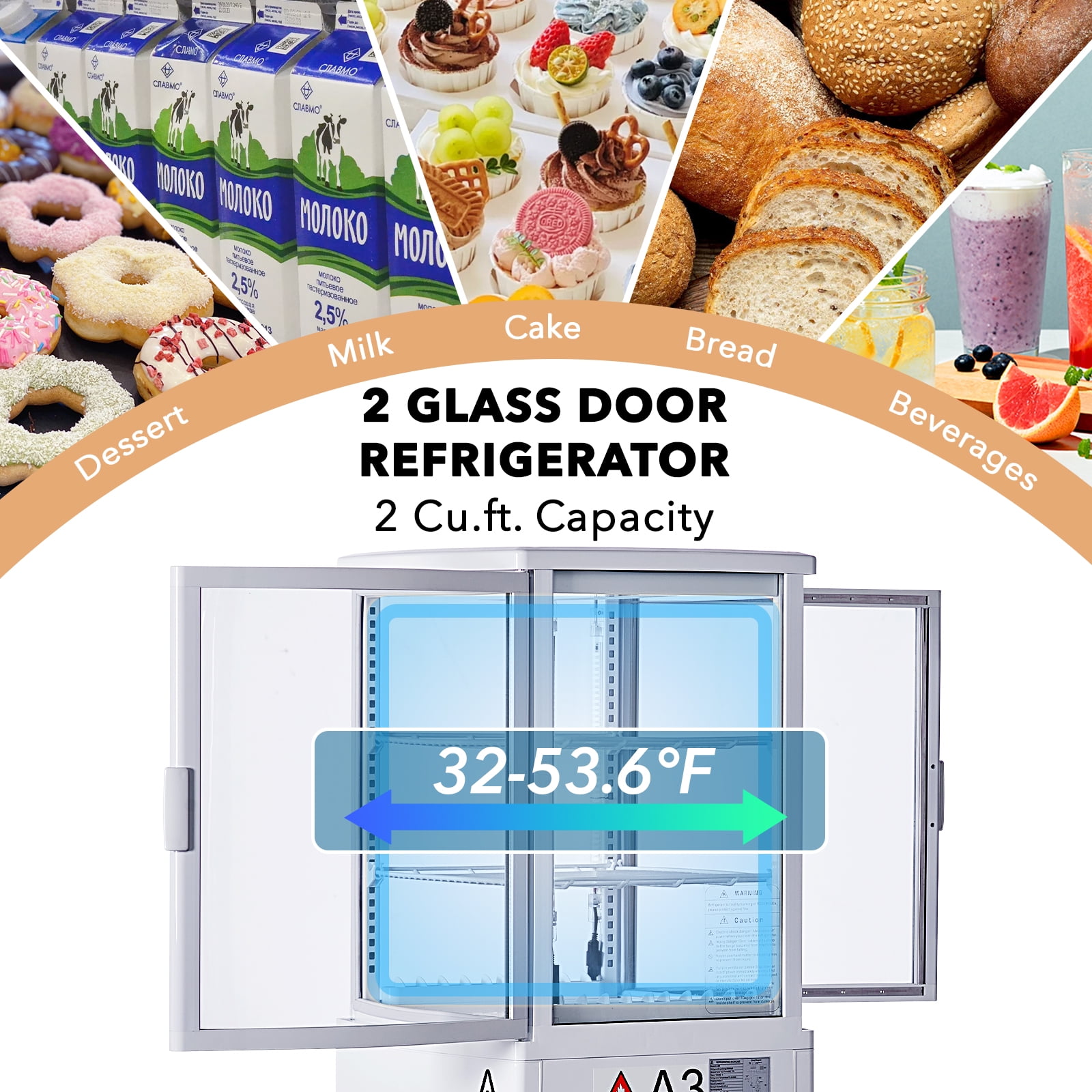 Commercial Refrigerator Display Case 2 Cu.FT, Two Glass Door Display Refrigerator Display Fridge, Countertop/Floor Refrigerator with LED Lighting, Adjustable Shelves, Double-Layered Glass