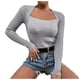 thumbnail image 1 of Jersey de punto para mujer de color liso con cuello cuadrado y manga larga ajustada de punto elástico, poliéster suave, informal, 1 of 8