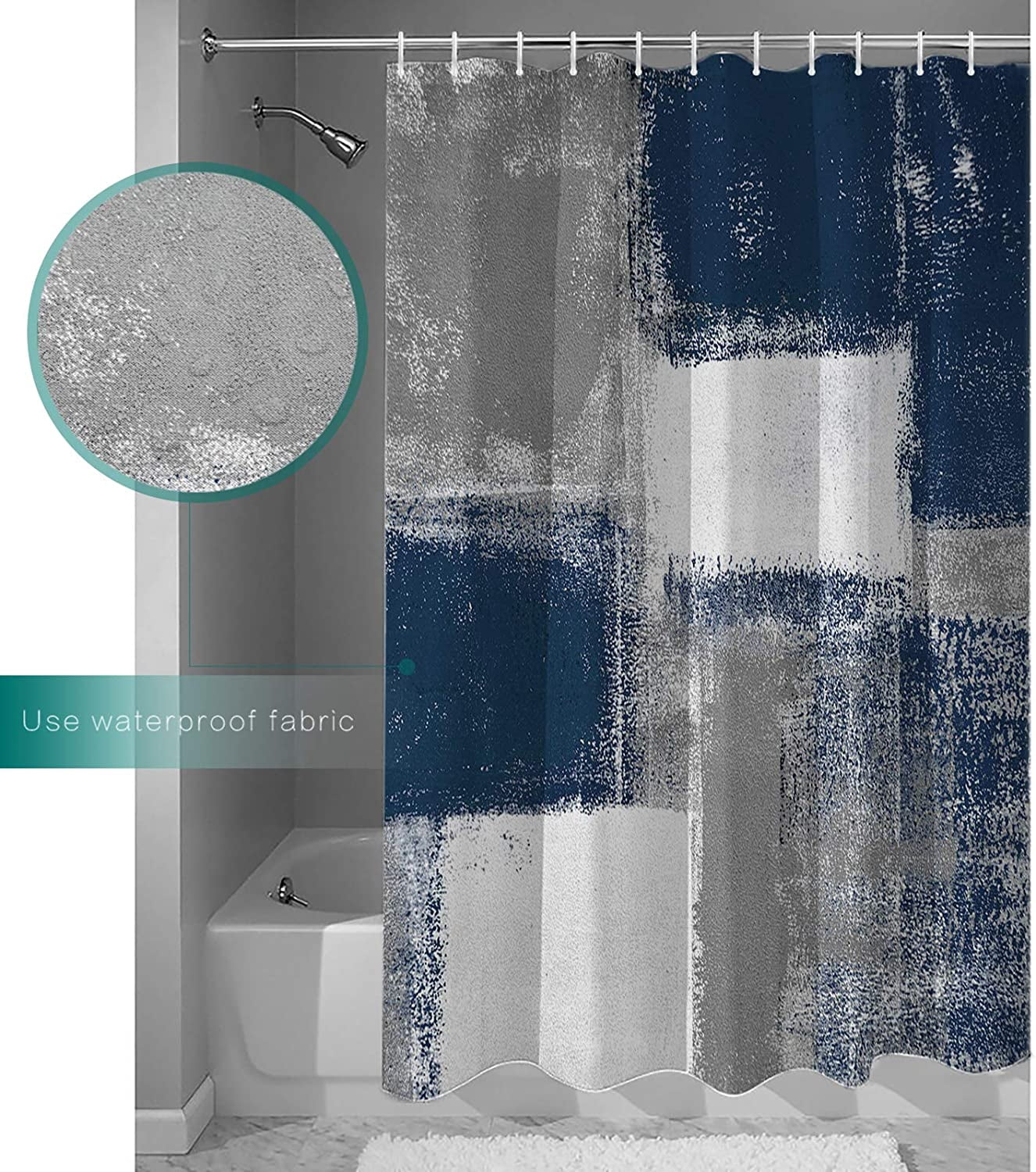 Fabric Shower Curtain for Bathroom, Oil Painting Art Blue Custom Shower Curtain Set with Hooks, Luxury Bathroom Curtains, Abstract Gray Geometric Waterproof Polyester Bathroom Accessories, 72x72inch