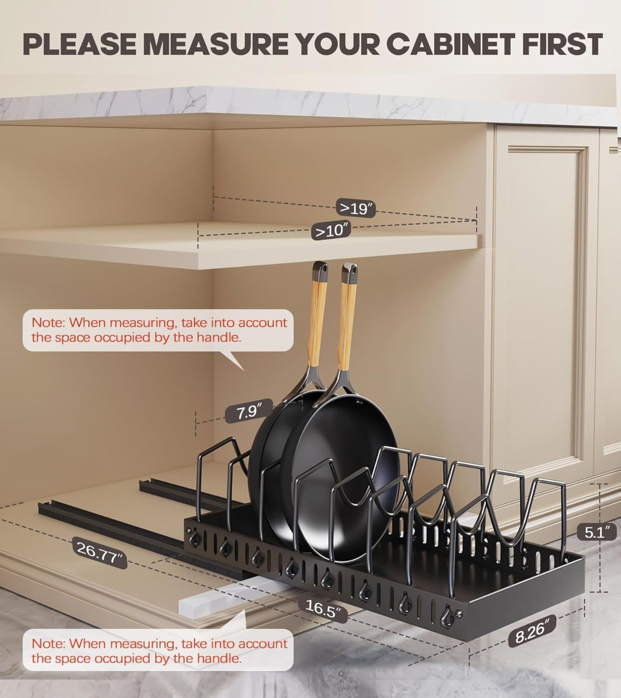 2-Pack Adjustable Pot Pan Organizer, No Drill Under Cabinet Sliding Divider for Kitchen Cookware Bakeware Storage
