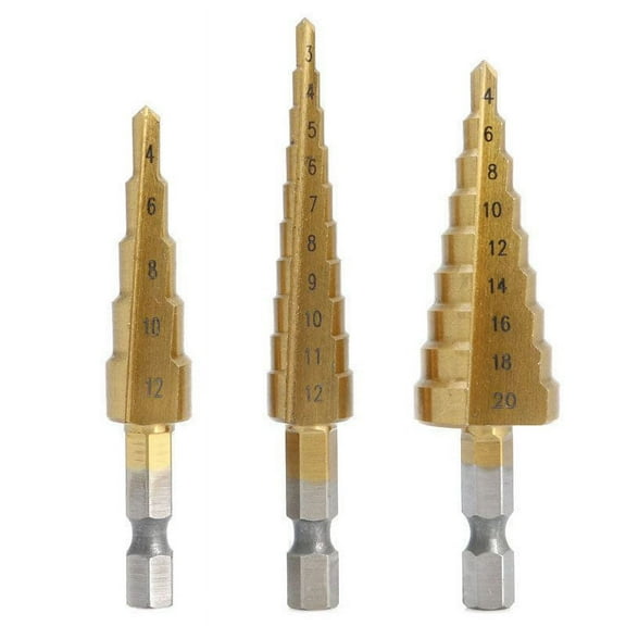 3 Pcs High-Speed Steel Step Drill Bit Set Power Tools Cone Coated Metal Hole Cutter 1/4 inch Hex Drive Quick Change 3-12mm/4-12mm/4-20mm
