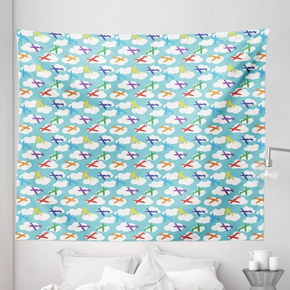 Airplane Tapestry, Colorful Joyous Travel Fantasy Pattern Planes Clouds in Sky, Fabric Wall Hanging Decor for Bedroom Living Room Dorm, 5 Sizes, Multicolor, by Ambesonne
