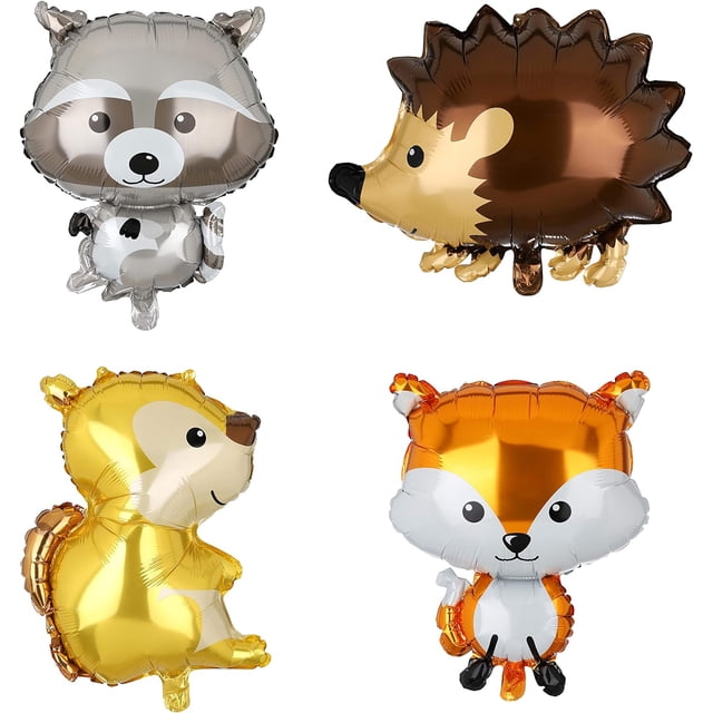 4 globos gigantes de Mylar con animales (ardilla, zorro, erizo, mapache) para decoraciones de cumpleaños temáticas de animales de Safari en la jungla, regalo para niños