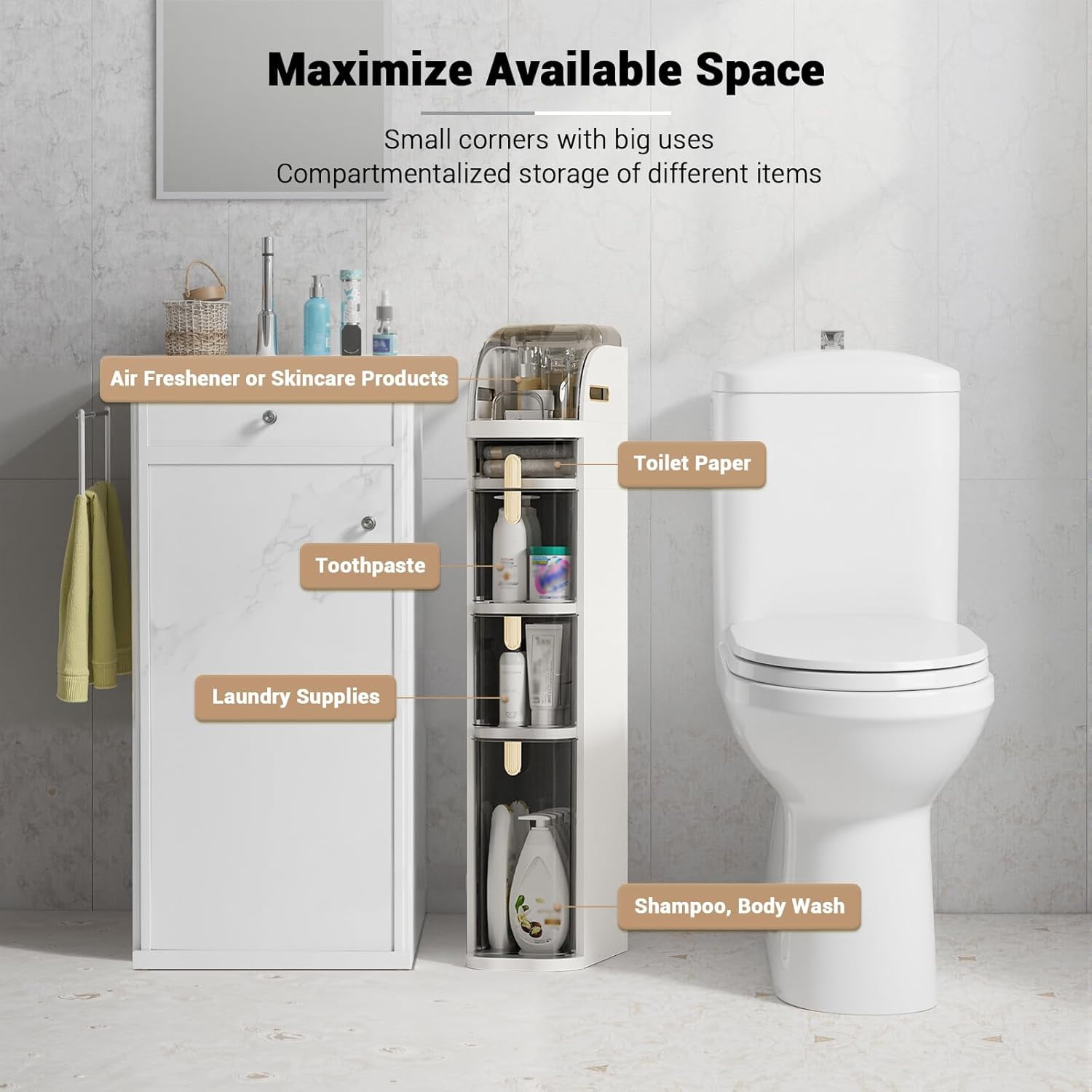 4-Tier Slim Waterproof Bathroom Storage Cabinet with Adjustable Shelves, Clear Plastic Drawers, Mobile Floor-Mount Organizer with Wheels for Kitchen, Bedroom, Laundry Room