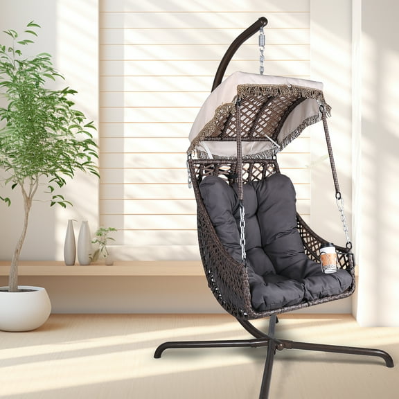 Comfortable Patio Swing Egg Chair with Stand - Indoor/Outdoor Wicker Rattan, Sunshade, Gray Cushion & Pillow