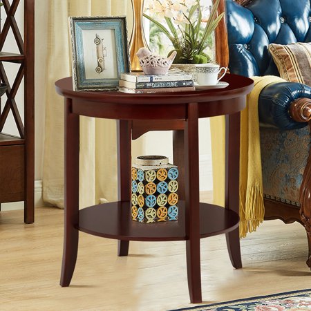 Gymax Round Wood End Table Sofa Side Coffee Table Storage Shelf