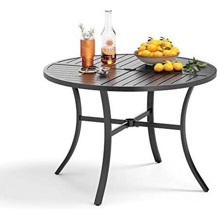 4-Person Outdoor Steel Slatted Dining Table With Adjustable Umbrella Hole  Weather-Resistant For Patio Outdoor Use  Black