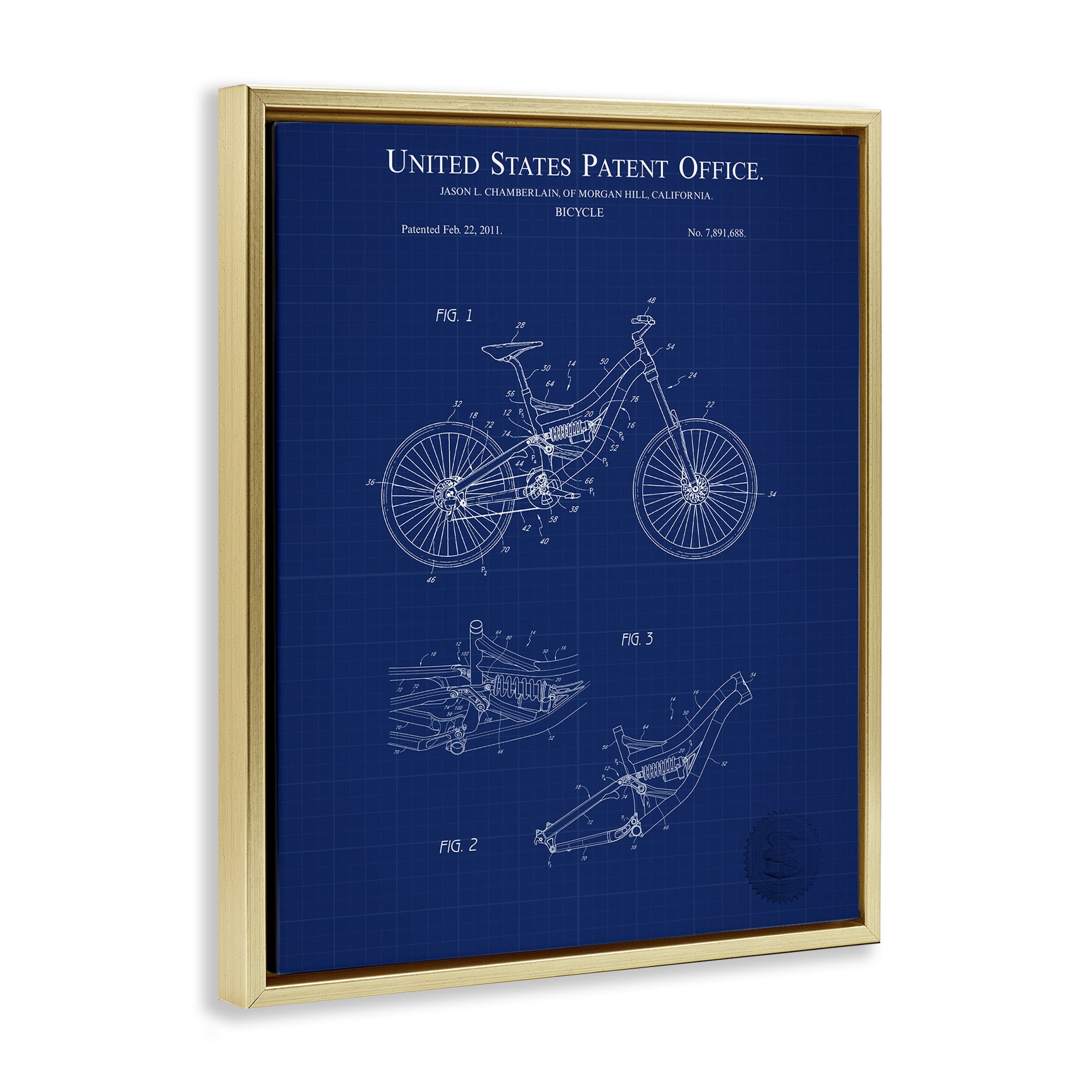Stupell Industries Detailed Bicycle Blueprint Transportation Painting Gold Floater Framed Art Print Wall Art, 25 x 31