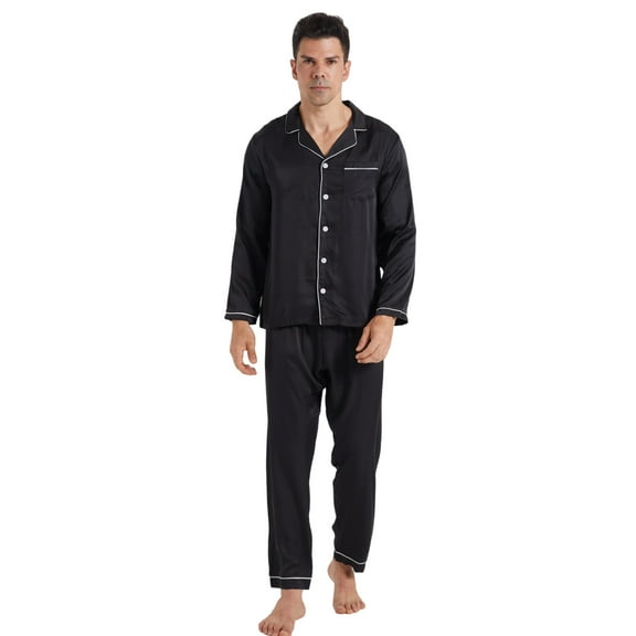 LANBAOSI Mens Satin Pajamas Set Long Sleeve Button Down 2-Piece Sleepwear, Black L