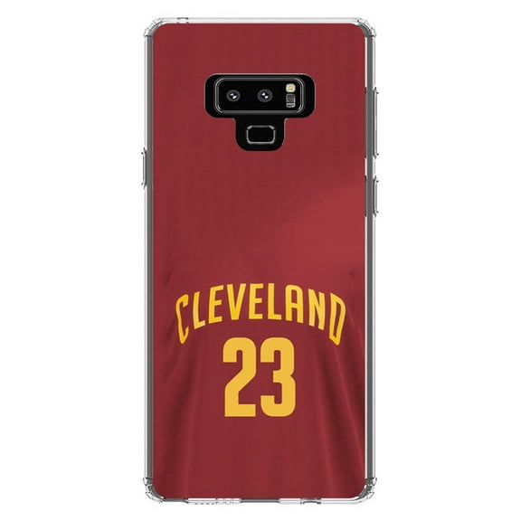 DistinctInk Clear Shockproof Hybrid Case for Samsung Galaxy Note 9 - TPU Bumper, Acrylic Back, Tempered Glass Screen Protector - Cleveland 23 Jersey - Basketball