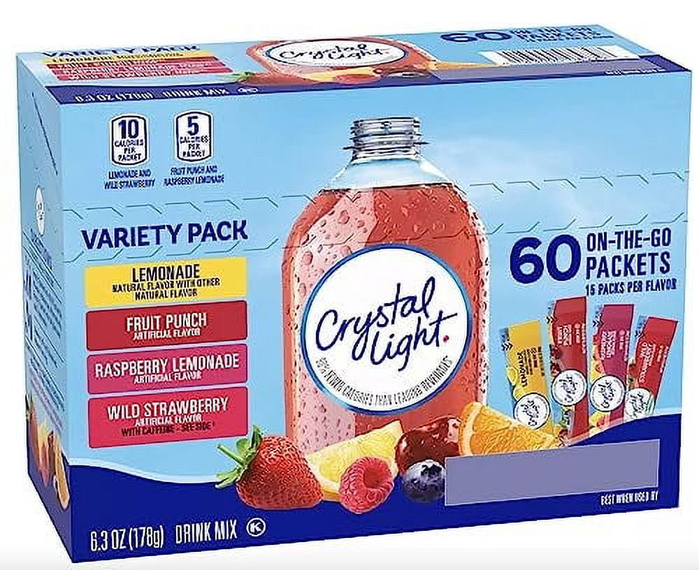 Crystal Light Sugar-Free, Lemonade, Fruit Punch, Raspberry Lemonade and Wild Strawberry On-The-Go Powdered Drink Mix Variety Pack, 60 Count, Each Packet Fits into a 16.9 oz. bottle or cup