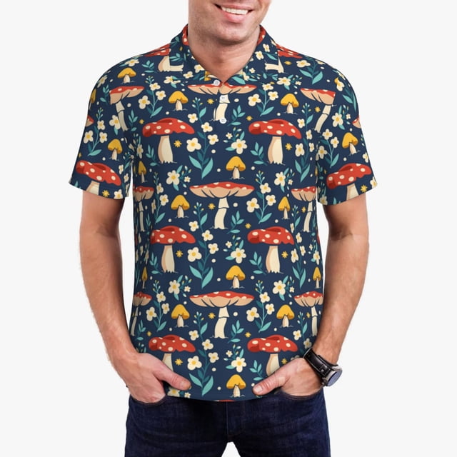 Fotbe Colorful Mushrooms Camiseta Polo de Golf para Hombre con Estampado – Camisa Deportiva Transpirable con Cuello Abotonado-X-Large