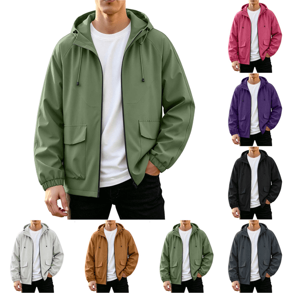 Rain Jackets for Men Waterproof Long Sleeve Zip Up Hooded Windbreaker for Big and Tall Solid Color Daily Outdoor Hiking Travel Casual Jacket