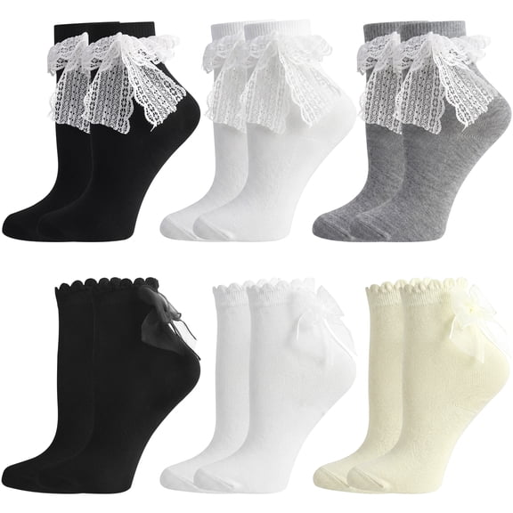 Bocaoying 6 Pairs Womens Ruffle Socks, Cute Lace Socks with Bowties, Comfortable Frilly Socks, Lettuce Ankle Socks, Lolita Dress Socks for Mary Jane Shoes, Princess Style Gift for Ladies Girls